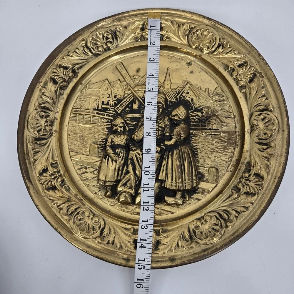 Vintage Lombard England‎ Brass Wall Plaque Dutch Windmill Scene Embossed 15